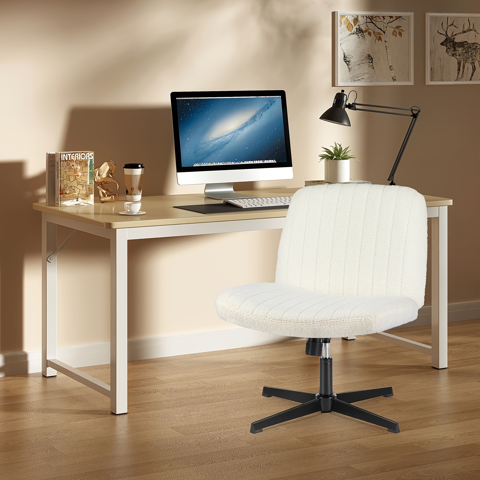 

Criss Cross Chair Legged, Armless Teddy Fluff Office Desk Chair No Wheels, Swivel Vanity Chair, Height Adjustable Wide Seat Computer Task Chair, Vanity Modern Home Chair