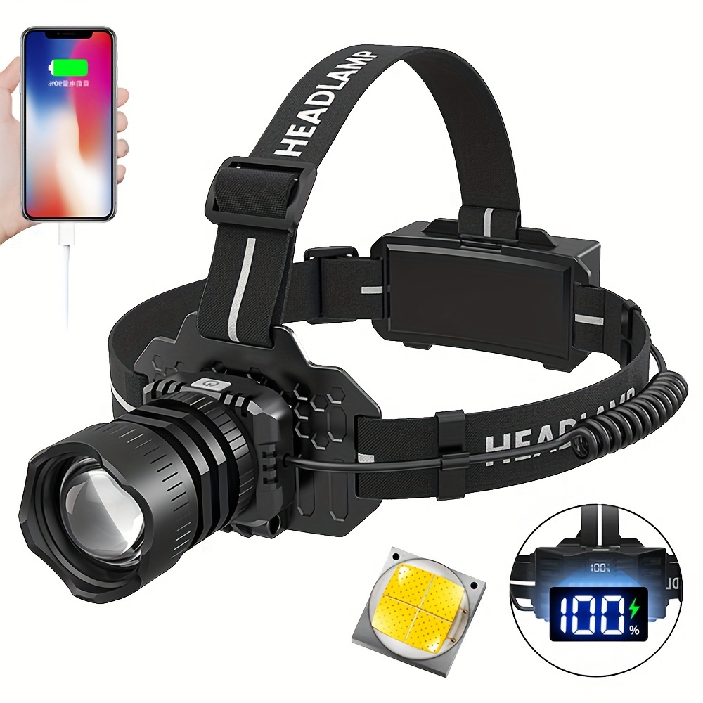 TEMU 1pc Led Rechargeable Headlamp, 5 Lighting Headlamp With Red Light Warning Lights, 90° Adjustable Running Headlamp, Hunting Headlamp, Headlamps