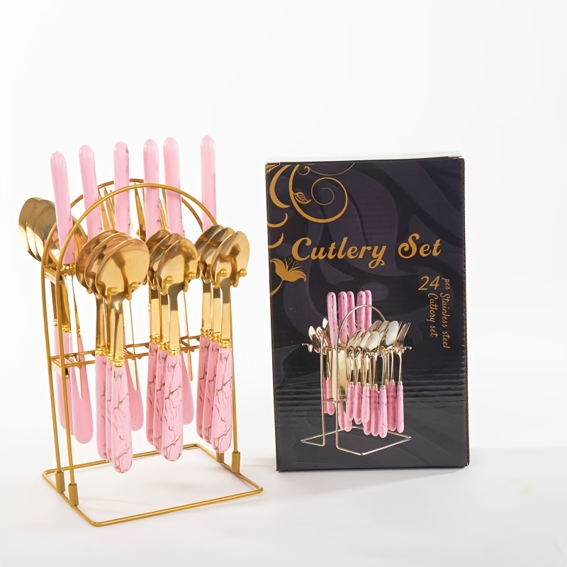 24pcs Cutlery Set, Elegant Marble Pattern Multi-Functional Tableware, Suitable for Restaurants and Desserts, Includes Dinner Forks, Soup Spoons, and Teaspoons - Ideal for Home and Hotel Kitchen Dining, Fanyishu Outdoor Tableware