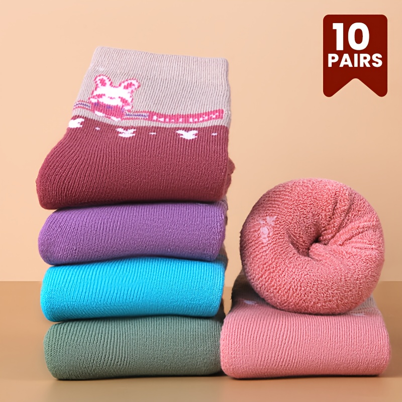 Image of 10-pair Children's Thickened -lined Socks, Girls' Autumn/winter Warm Terry Cloth Mid-calf Socks, Comfortable And Breathable With Cute Cartoon Design