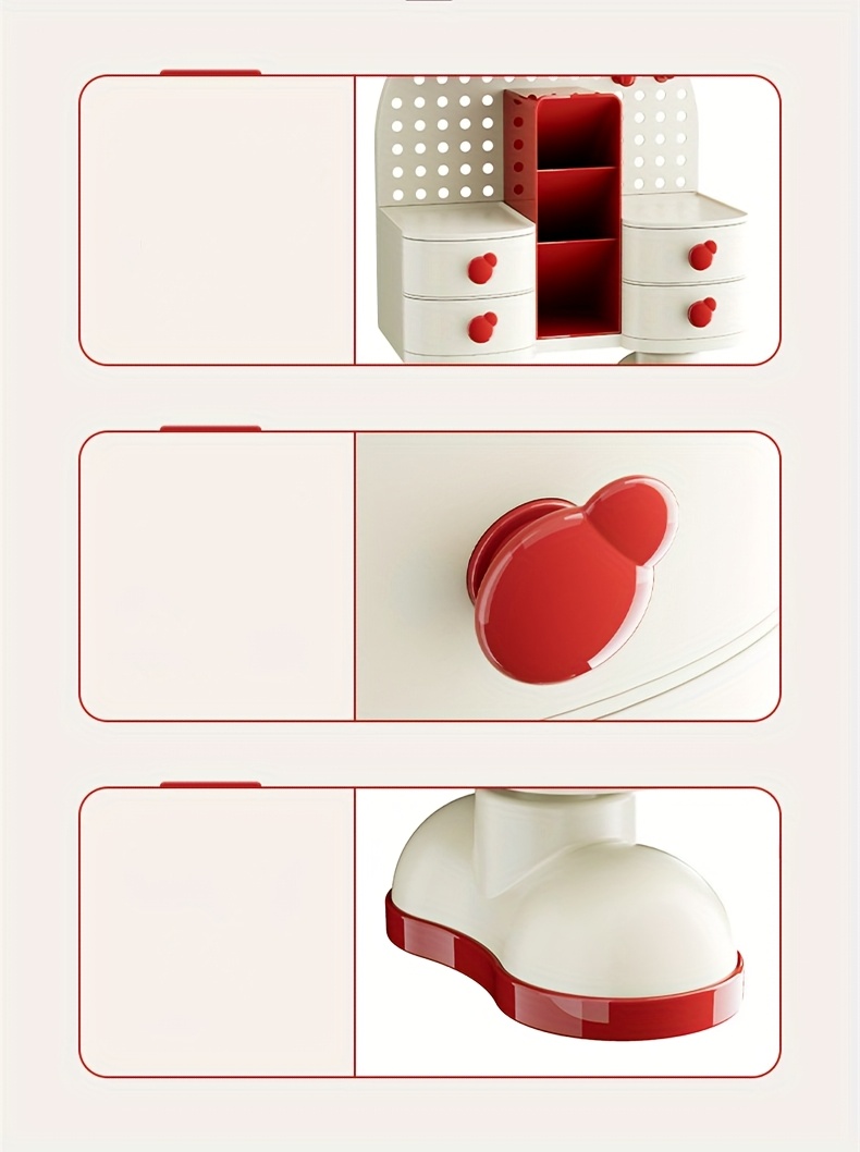 White Polka Dot Jewelry & Cosmetic Organizer with Drawers and Hooks - Multi-Functional Desktop Storage for Makeup, Skincare, and Accessories - Durable Plastic Countertop Organizer for Bathroom or Vanity, Makeup Vanity Desk, Playful Design, Decorative Storage