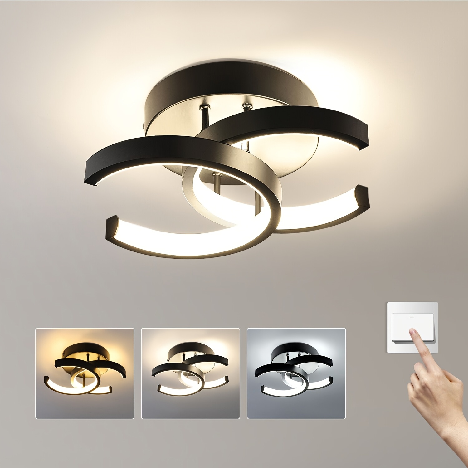 1pc Modern Minimalist Arc LED Ceiling Light, 3000-6000k Adjustable LED Ceiling Light, Black/White Metal Design, Wide Voltage Hardwired, for Hallways, Kitchens, Bathrooms, Stairs, Balconies, and Indoor Lighting, Indoor Lighting Solution|Sleek Ceiling Light|Adjustable Color Temperature, LED Ceiling Lights
