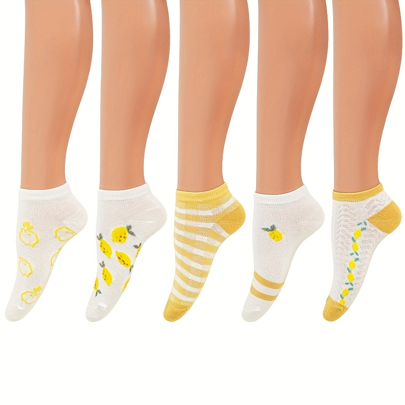 E-shop 5/10 Paar Sommer dünne Damen kurze Socken mit Zitronen-Cartoon, niedlich, weich, bequem, schweißabsorbierend, atmungsaktiv, vielseitig, geeignet