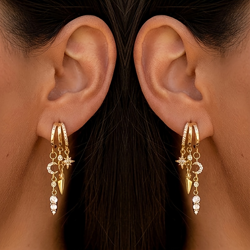 Image of 1 Pair Triple Huggie Earrings, Dainty Stud & Small Hoop With Long Drop Chain, Trendy Non Tarnish Fashion Jewelry For Women