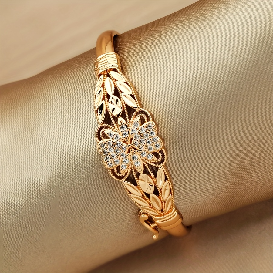 TEMU 1pc Of Fashionable Inlaid Synthetic Synthetic Zirconia Retro Flower Bracelet With , Suitable For Women To Wear, Bridal Wedding, Holiday, Ramadan