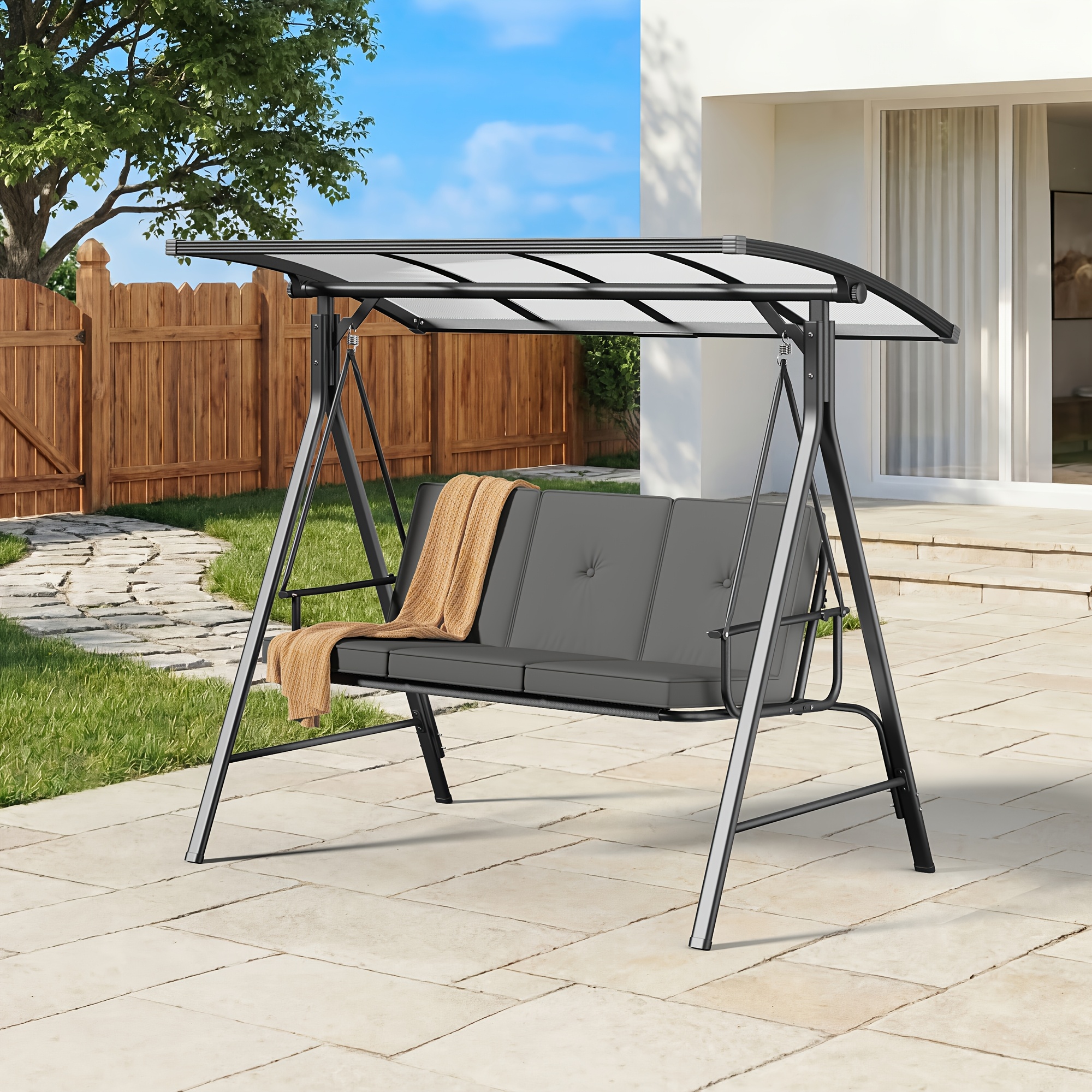 3-Seat Porch Swing Chair with Stand - Convertible to Adult Swing Bed, Adjustable UV-Protected Canopy & Thick Cushion, 750lbs, Flat Bed (Red/Blue/Dark Gray) for Porch, Backyard, Garden & Balcony