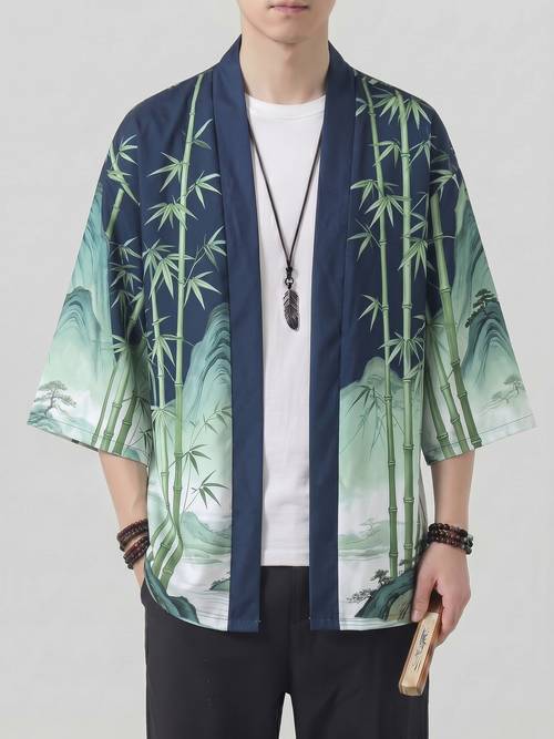mens retro kimono jacket summer thin loose 3 4 sleeve open front cardigan top with landscape and rayon print chinese size please check the size guide