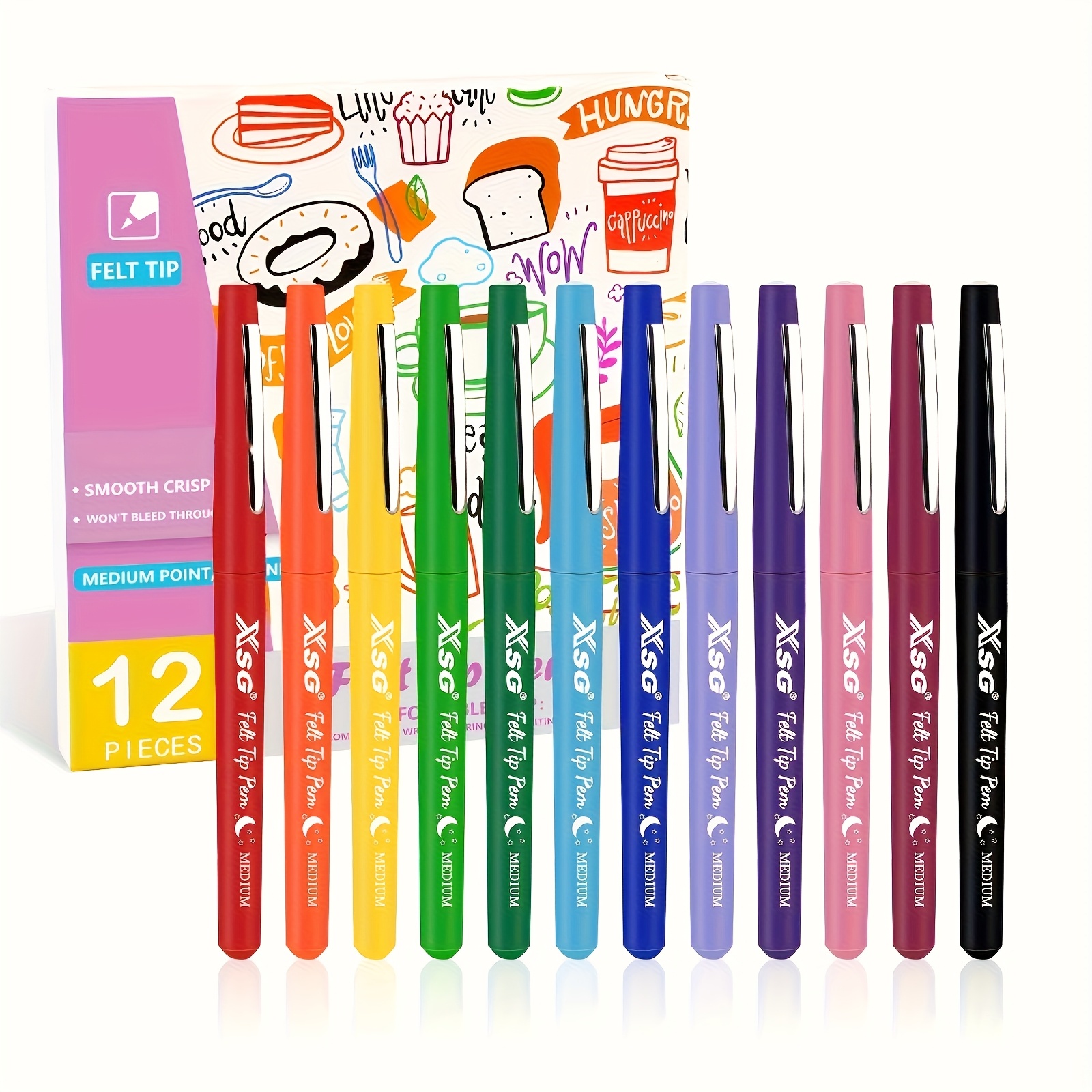 12pcs Set Of Felt Pens For Writing, Sketching, And Journaling, In Colors