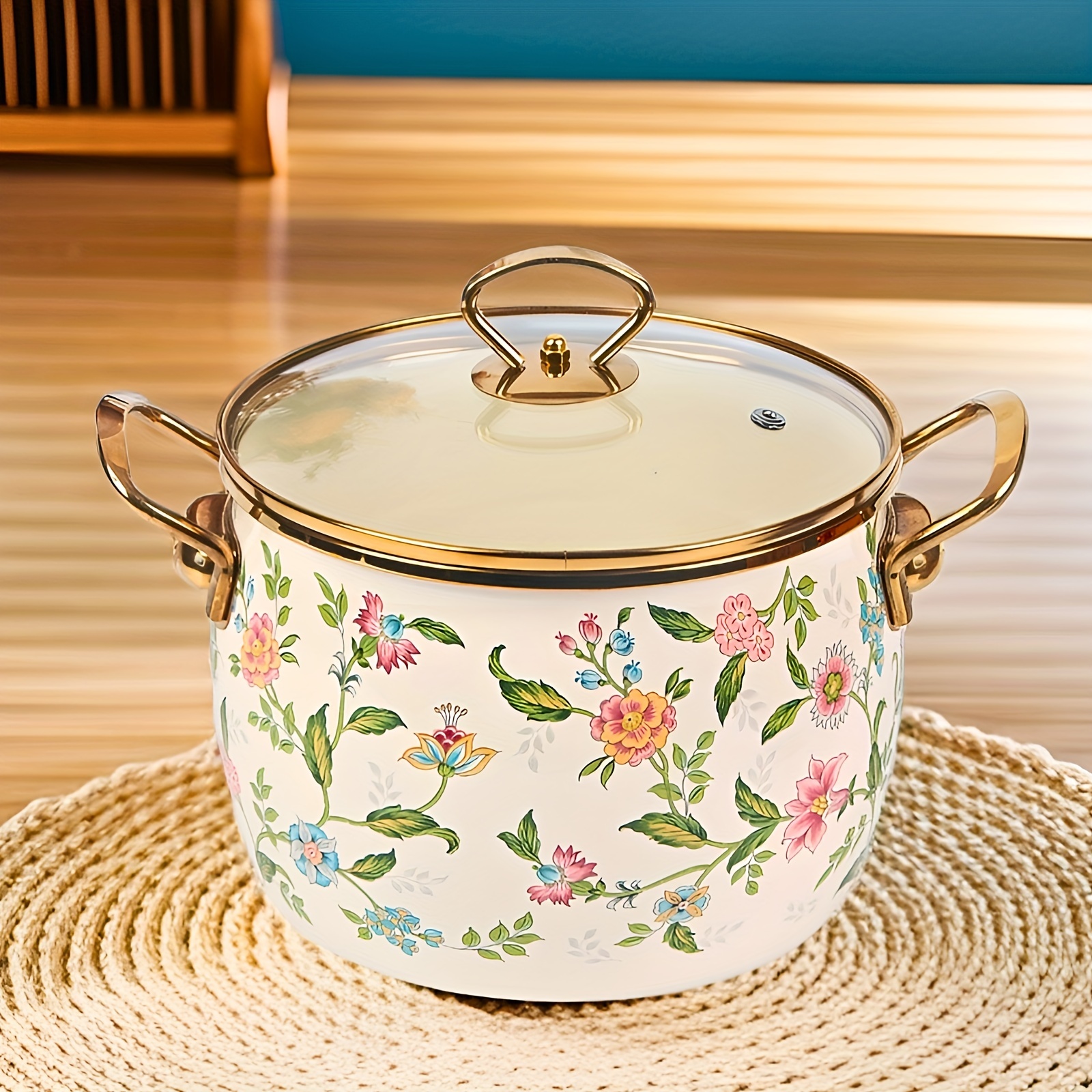 enamel saucepan with glass lid   non stick dishwasher safe large capacity golden handle kitchen cookware double handle soup pot details 8