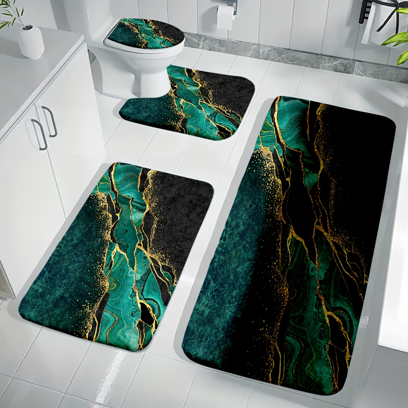 TEMU 4pcss Bathroom Anti-slip Mat Set, Luxurious Marble Texture Bathroom 4pcss Set - Elegant Combination Of Green And Golden, Enhancing Bathroom