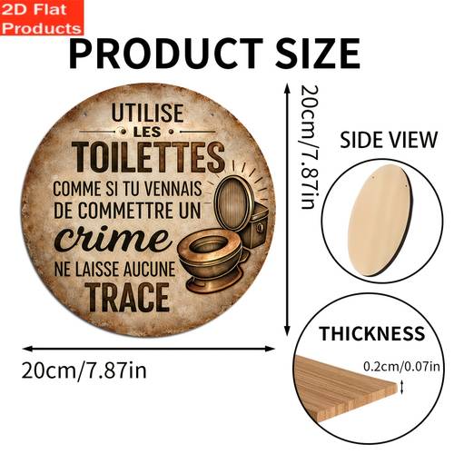 Plaque murale plate 2D, 1 pièce, panneau de toilettes français pour décoration de salle de bain, plaque murale vintage en langue française avec étiquette "Utilisation des toilettes", décoration ronde artificielle sans cadre pour bar, restaurant - Cadeau de vacances idéal pour pendaison de crémaillère ou usage commercial, décoration d'Halloween et de Noël