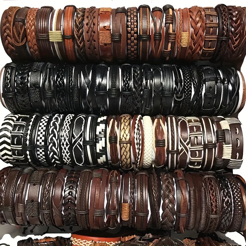conjunto de 10 pulseiras de couro, pulseiras de couro trançadas à mão em estilo punk retro