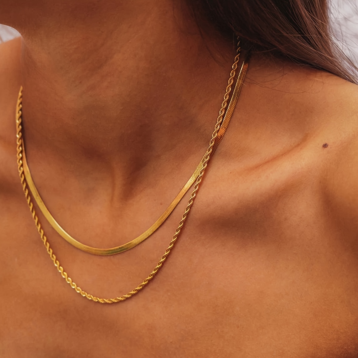 

2-piece Set Golden Layered Necklaces For Women, Minimalist & Hip Hop Style, Stainless Steel Twisted Rope And Snake Chain, Fashionable Daily Casual Accessory