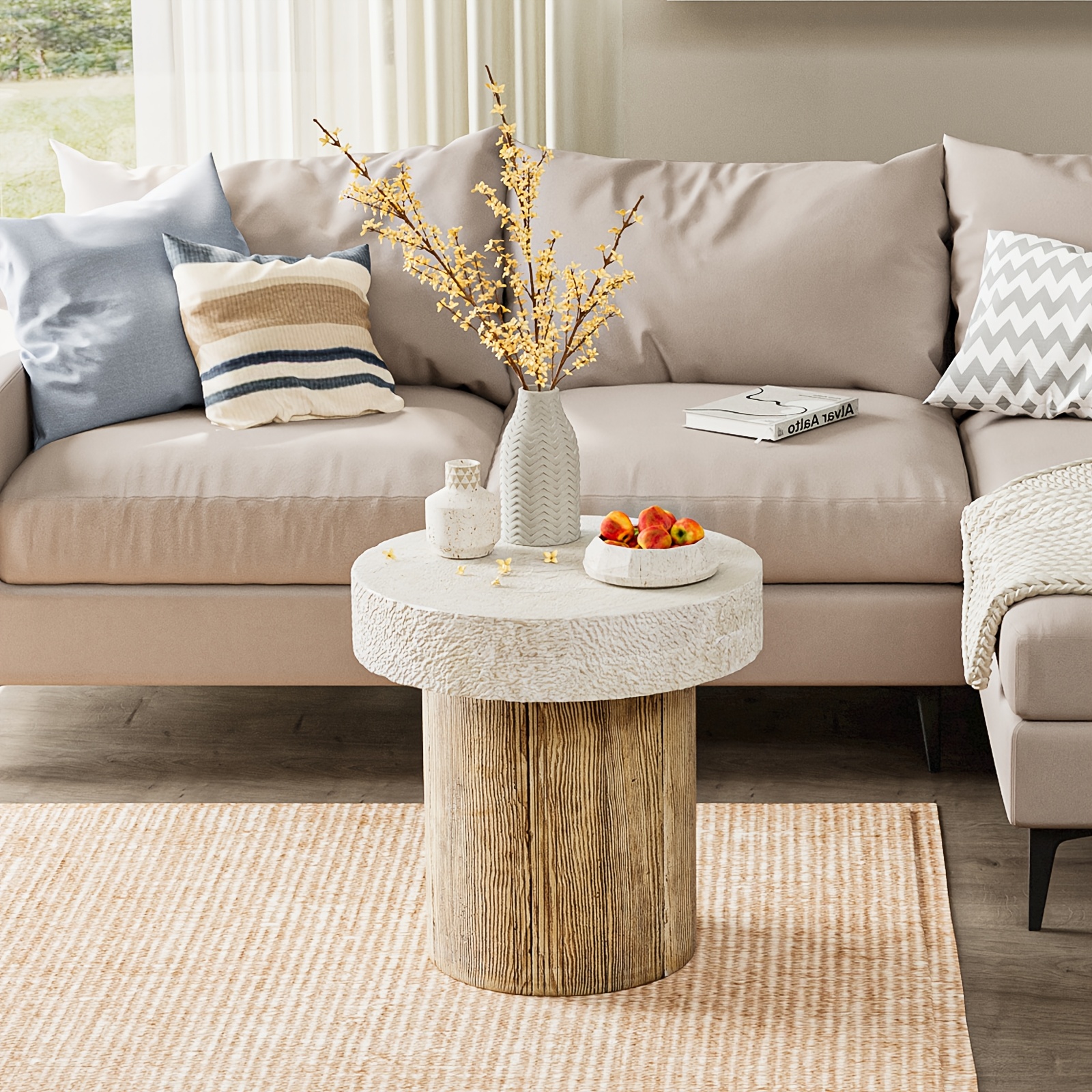 Wood Grain And Stone Patchwork Side Table, Magnesium Oxide End Table in Square Or Round Shape - Modern Accent Table for Living Room, Bedroom, Balcony - Plant Stand