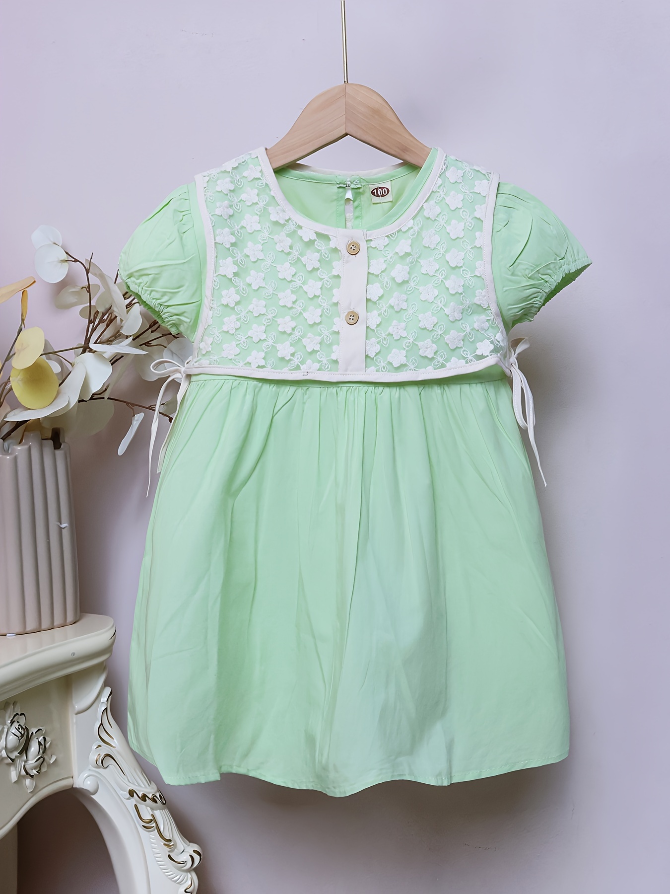 Elegant Cotton Dress Flower Embroidery Girls Flutter Sleeve - Temu