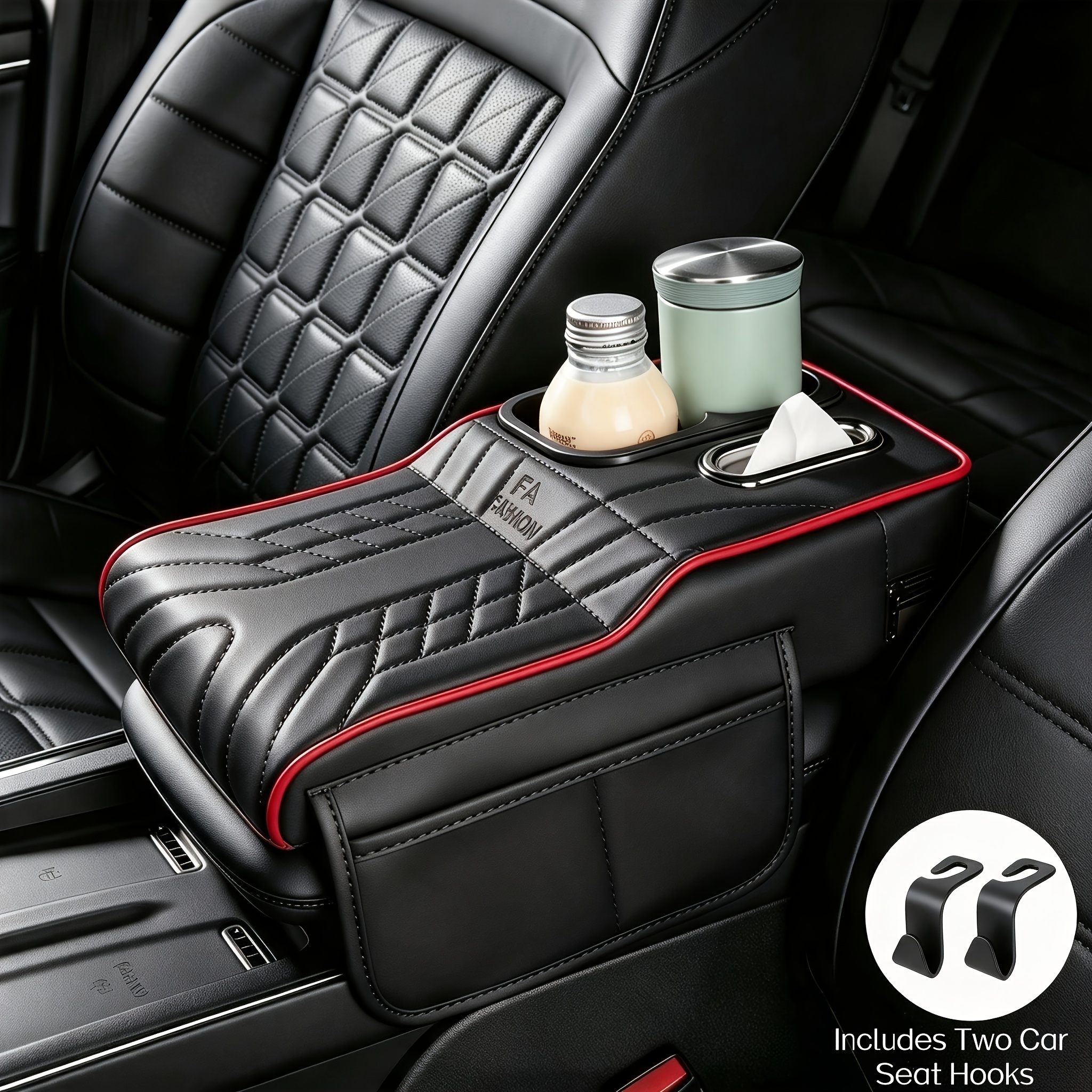 TEMU Simple And Comfortable Car Armrest Central Armrest Box Cover With 2 Side Pockets, Car Armrest Support Storage Box With Cup Holders And Tissue
