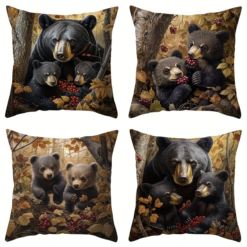 TEMU 4pcs, , A Black Bear Family Forages In , Warm And Comfortable, Beautiful And Practical, 17.72 Inches * 17.72 Inches, Suitable For Home Sofa