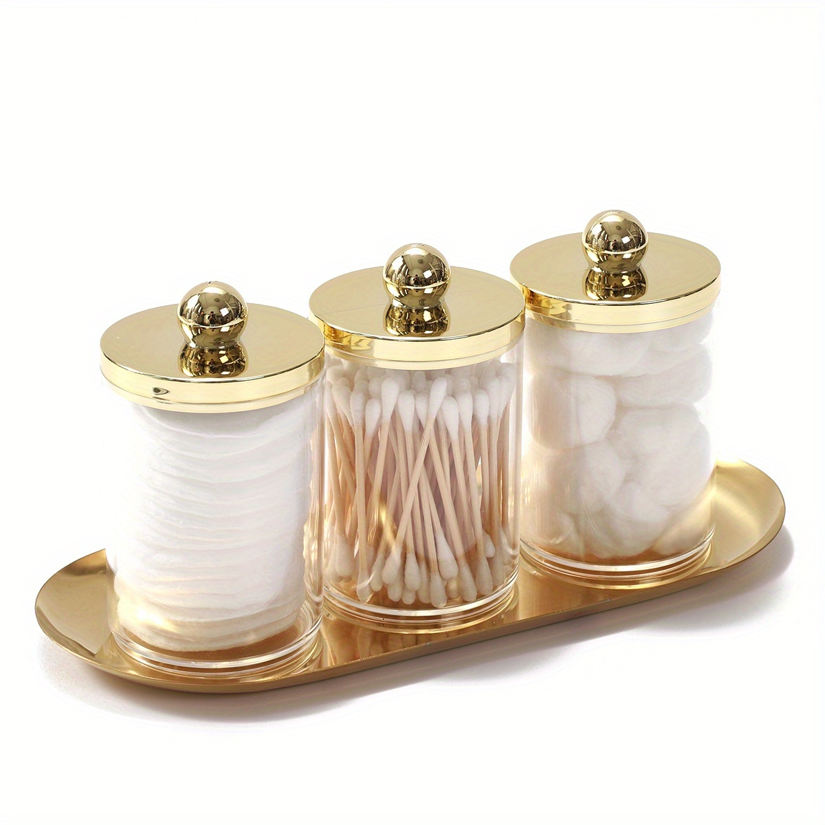 Image of 2pcs/3pcs Qtip Holder Bathroom Set With Tray Acrylic Plastic Apothecary Jars Qtip Dispenser Canister With Lid Vanity Tray, For Cotton Ball, Cotton Swab, Canisters