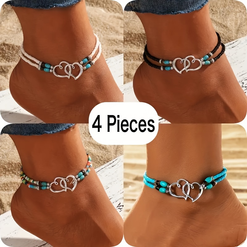 

4pcs Adjustable Double Heart Pendant Anklet In Black And White, Alloy Charm, Vintage And Bohemian Style, Perfect For Beach And Casual Wear, Jewelry Gift