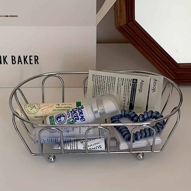 1-Pack Stainless Steel Storage Basket Minimalist Hollow  , Desktop Organizer for Accessories  , Suitable for Vanity, Desk, Photo Props, Shelf Baskets