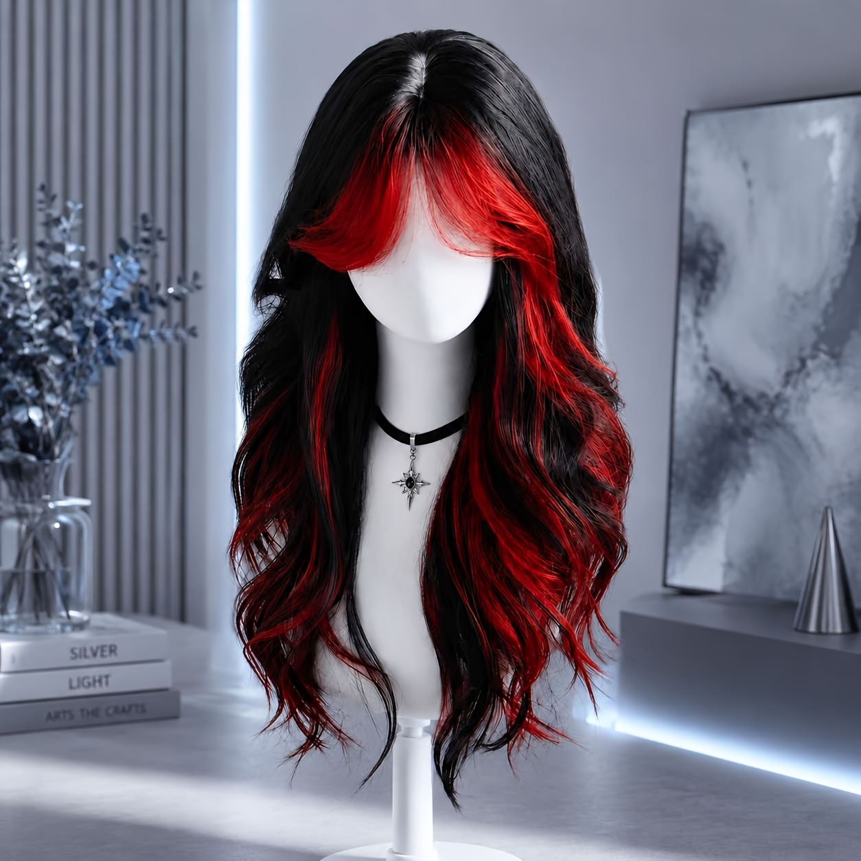 TEMU Long Black And Red Ombre Curly Wig, Women's Wavy Long Hairpiece, With Highlights, Natural And Realistic, For Party And Cosplay Use
