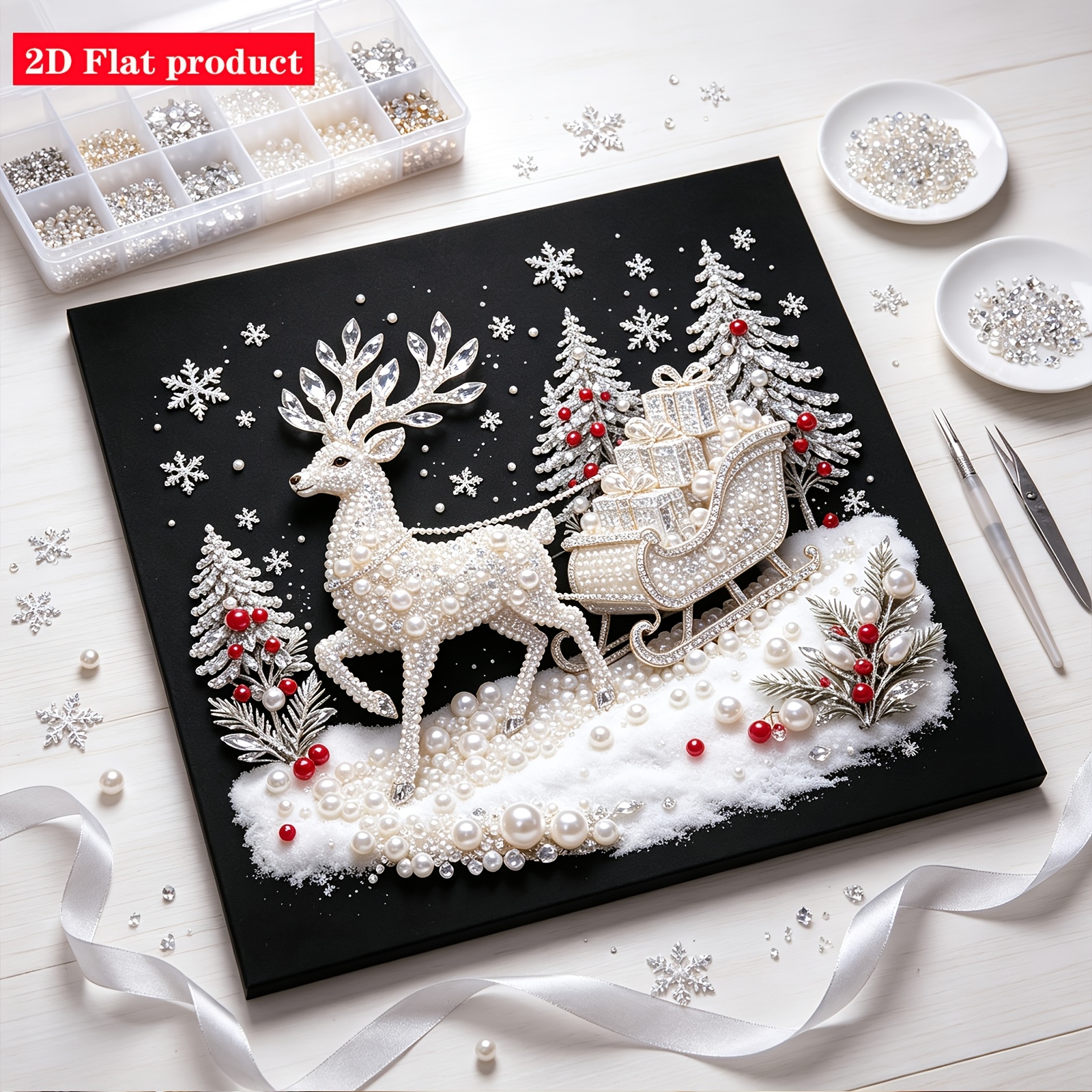 TEMU Black Background Christmas Reindeer Pearl Diamond Painting, Reindeer Sleigh Christmas Tree Holiday Wall Art, Creative Handmade Gift For Living