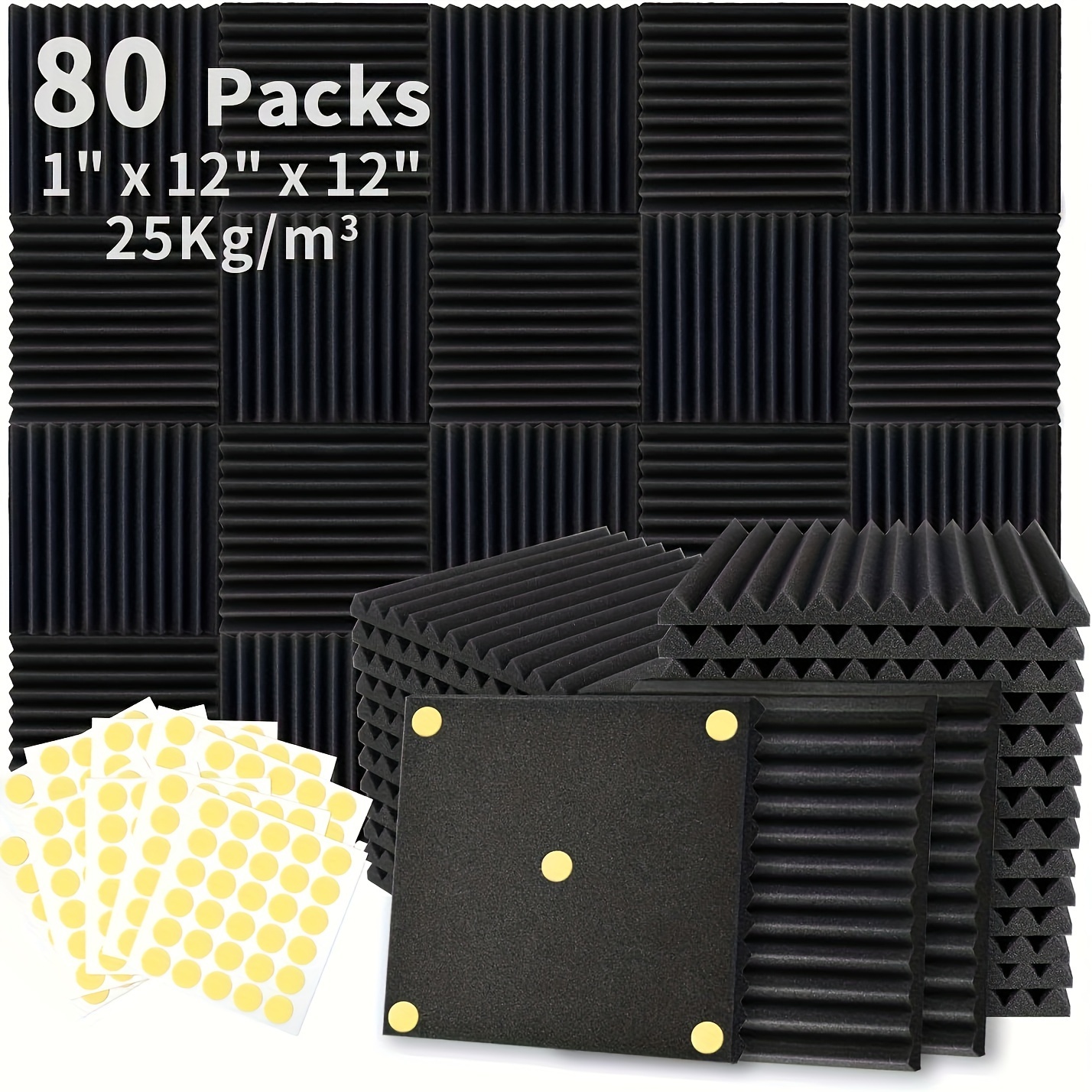 

Focusound 80 Pack Acoustic Foam Panels 1" X 12" X 12" Sound Proof Foam Panles Soundproofing Noise Cancelling Wedge Panels For Home Office Recoding Studio With 420pcs Double-side Adhesive