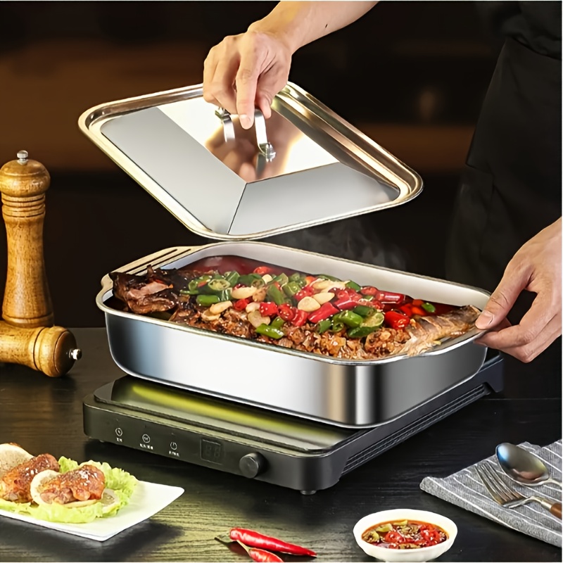 2 sets 1 sets of durable stainless steel grill pans and iron grill pans rectangular food trays with lids with handles baking baking and serving non stick home kitchen commercial restaurant camping cookware dishwasher kitchen essentials