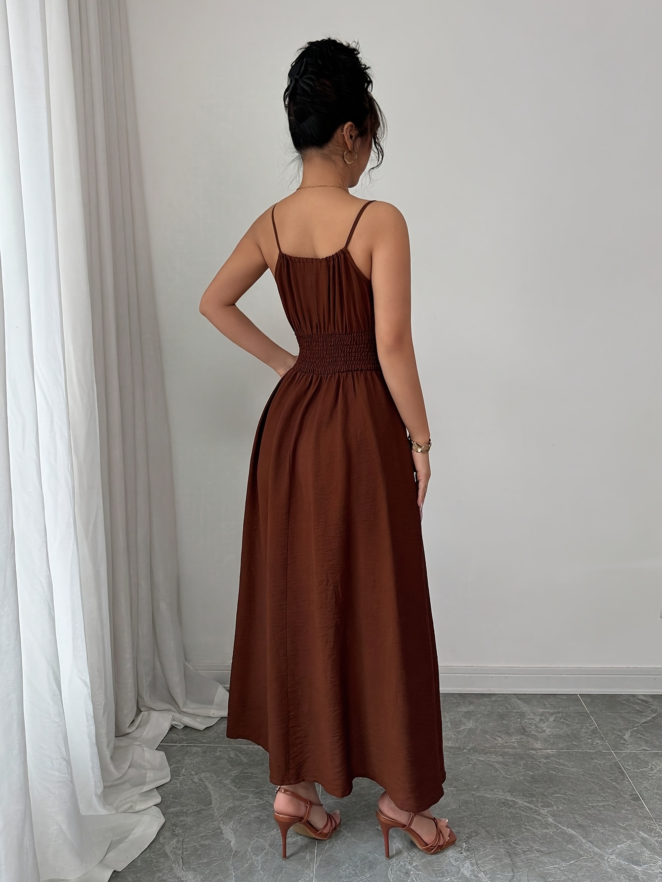 elegante bruine a line midi jurk voor dames met voorste Temu