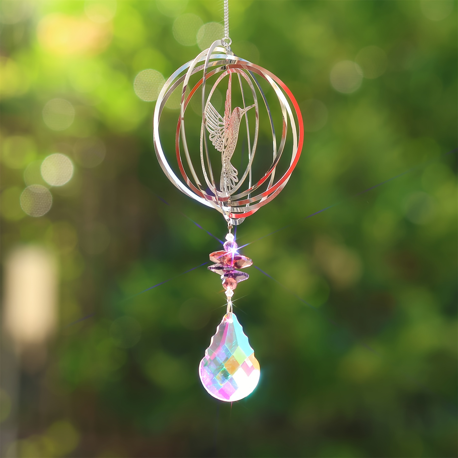 1pc 3d Rotating Hummingbird Tree Of Life Happiness Tree Owl Spinning Wind Chime Pendant Metal Wind Chime Garden Ornament, Outdoor Decoration For Balcony And Window