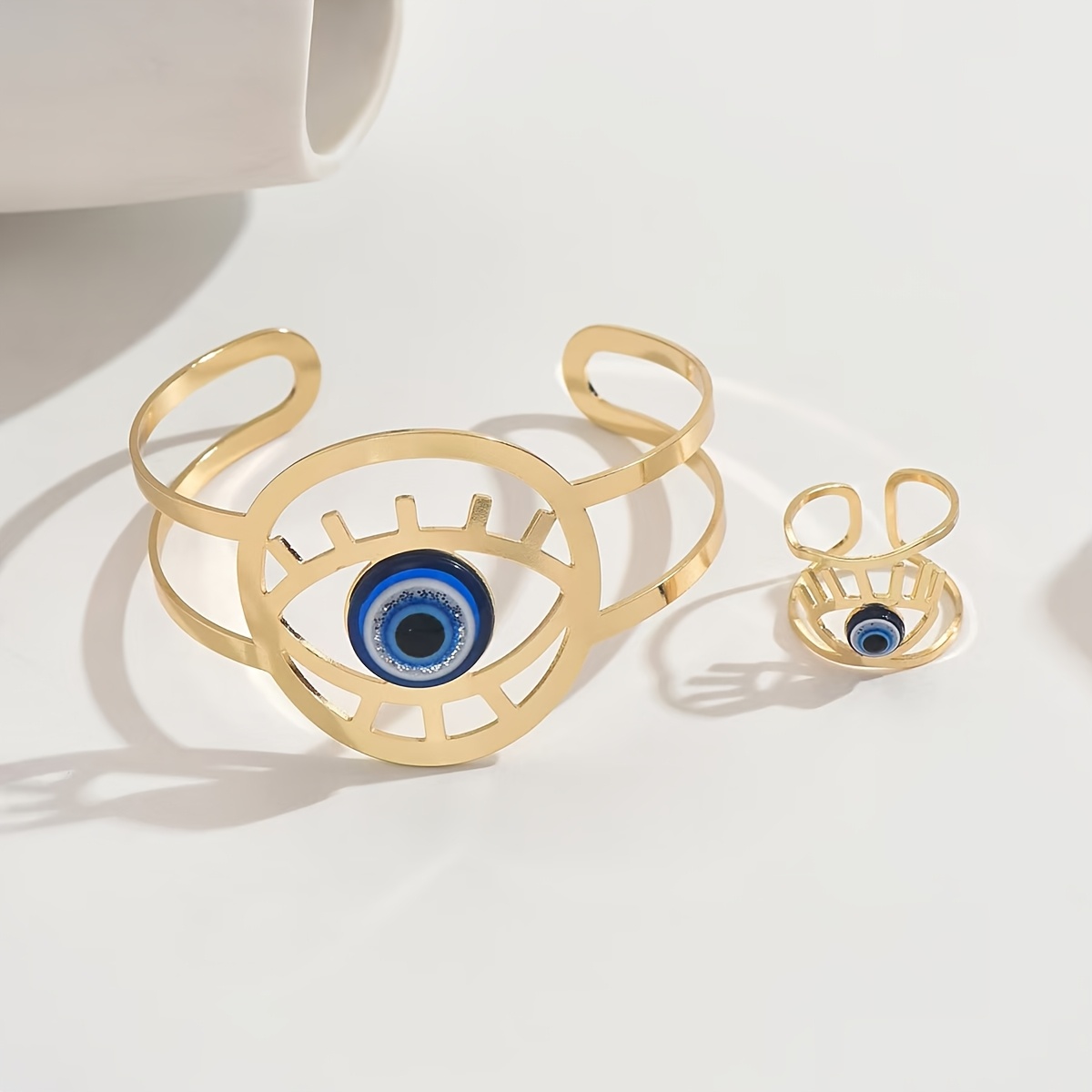 TEMU Parure de bijoux pour femme avec bague et bracelet réglables à découpe d'œil