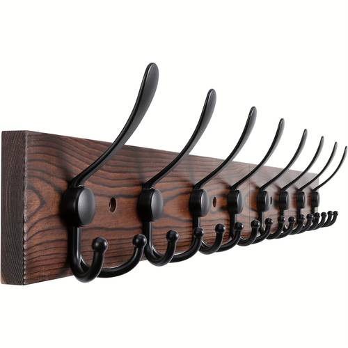 32 2 large coat rack wall mount coat hooks coat hanger with 8 metal black triple hooks brown pine plank hat rack for wall hooks for hanging coat hat jacket