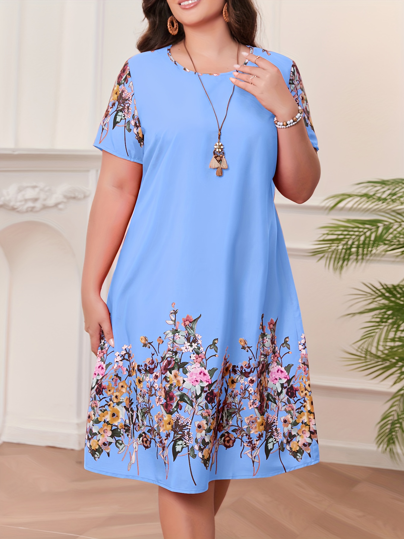 Plus Size - Plus Size - Women'S Plus-Size Spring And Summer Round-Neck Straight Dress with Printed Design, Made from Comfortable Non-Stretch Fabric, Machine Washable, Perfect for Outings And Vacations