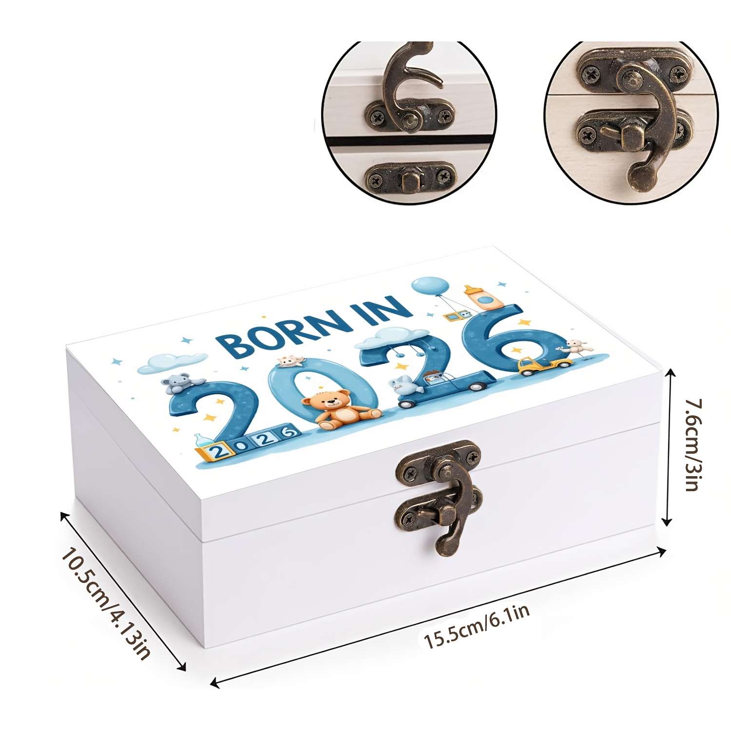 Image of White Wooden Keepsake Box With Born In 2026 Print For Baby Boy Nursery Decor, Lidded Storage Bins For Baby Shower, Keepsake, Newborn Baby Shower Gift