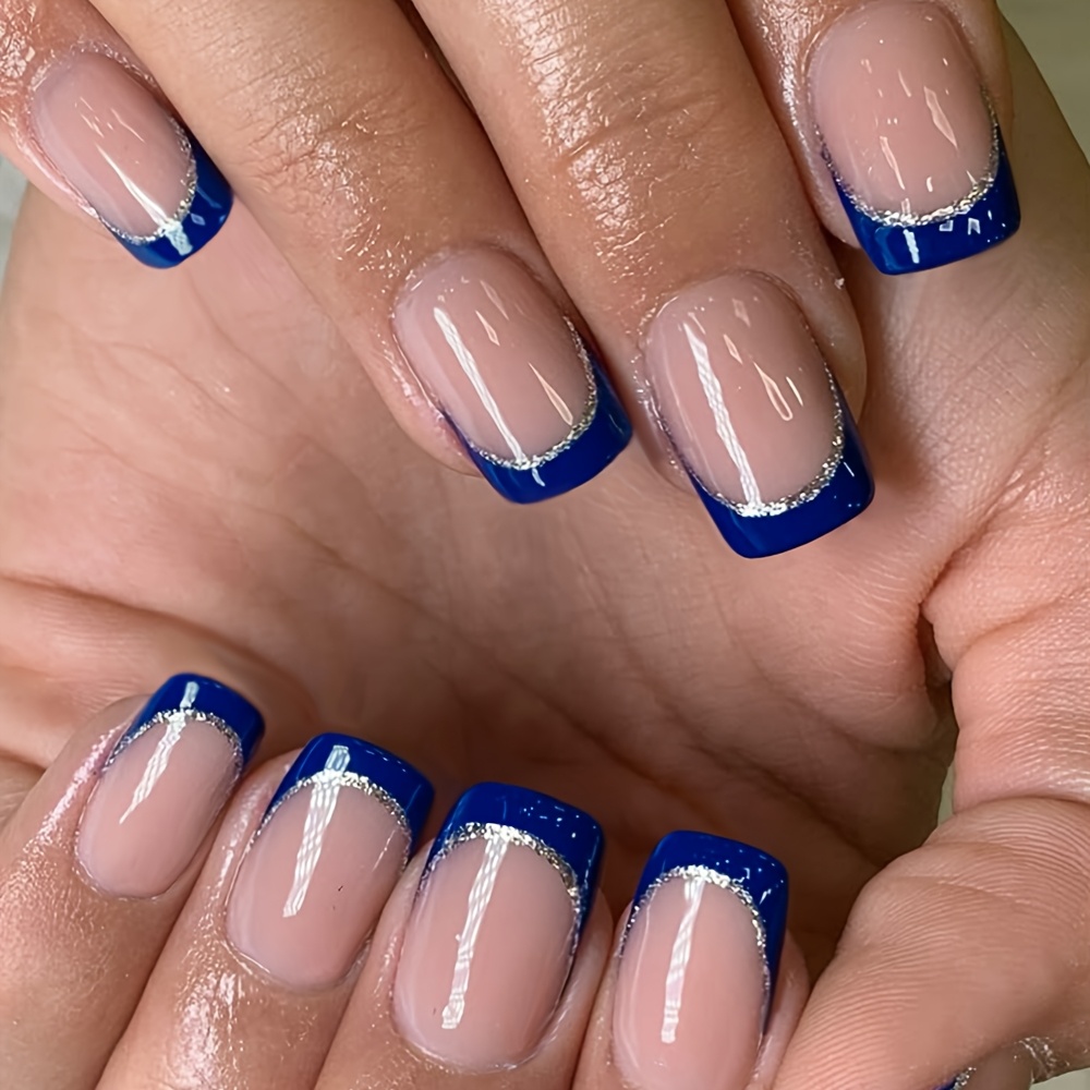 TEMU 24pcs Short Square Press-on Nails, Nude Pink Translucent Base With Royal Blue French Border, Silvery Fine Shimmer/silvery Wire Outlining At