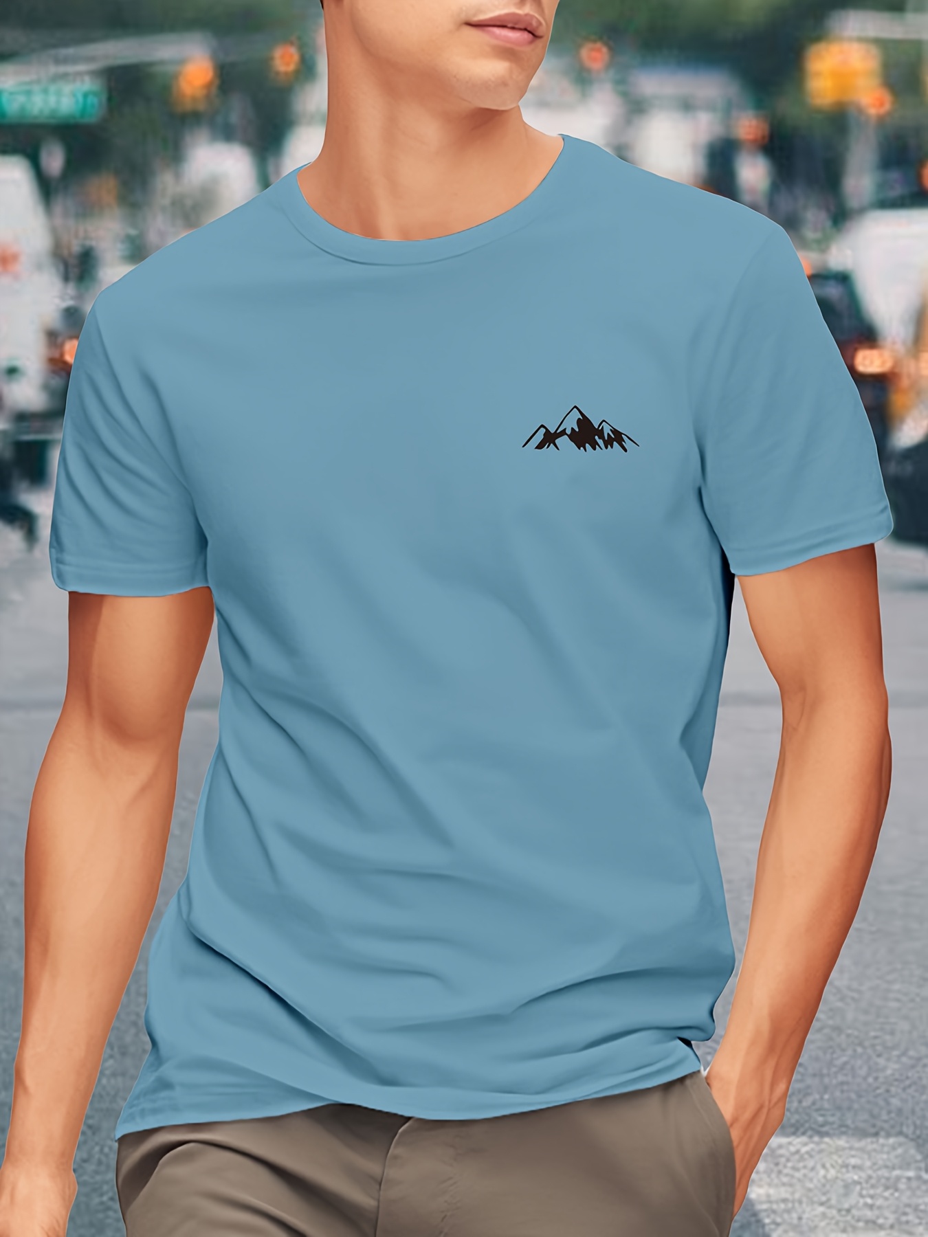 Men'S Heavyweight 180gsm Mountain Graphic T-Shirt - Minimalist Black Line Drawing, Non-Stretch Fabric for Gym, Hiking, Casual Casual Attire - Everyday Essential Tee for Outdoor Enthusiasts, Hiking Apparel, Round Neckline Shirt, Durable Casualwear, Gym Clothing, Basic Style, Breathable Material, Short Sleeve Top, Active Lifestyle