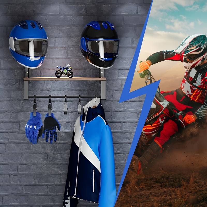 Support Mural 3 En 1 Pour Casque Moto - Avec étagère 3 Niveaux Et Barres De Suspension - Rangement équipement Moto (Noir)