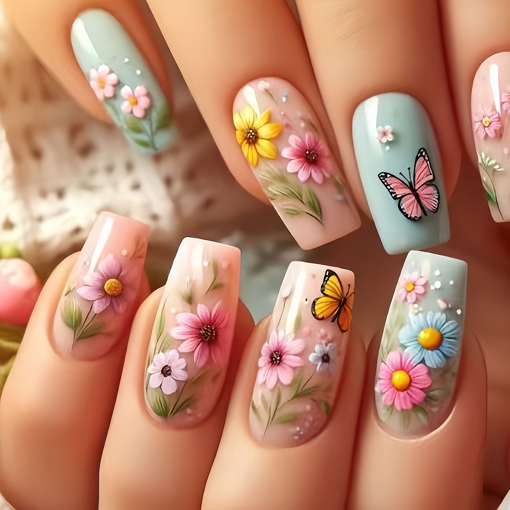 

Floral Nail Art, Mixed , Square Shape, Medium Length, , Design