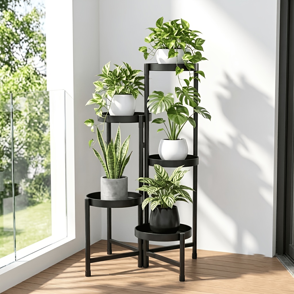 Image of 5-tier Metal Plant Stand, Foldable Multi-tier Flower Shelf, Living Room Storage Rack, Indoor Outdoor Balcony Space Plant Stand, Rotatable Sturdy Heavy Duty, Suitable For Living Room Balcony