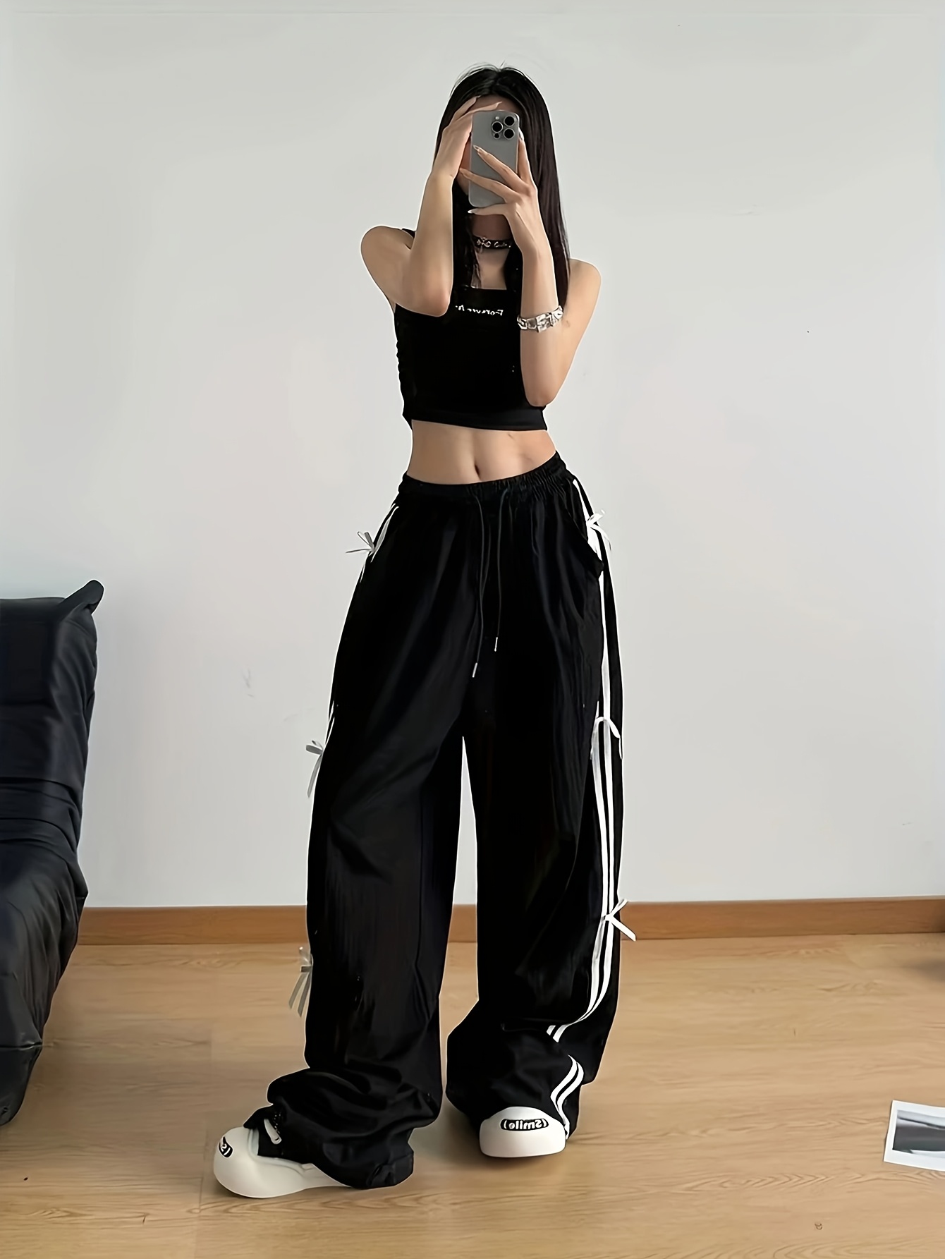 women's black striped side stripe drawstring pants large Temu Chile