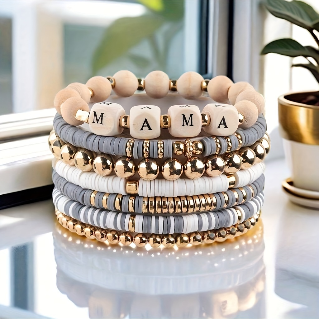 TEMU Set Of 7 Stylish Mama Letter Beaded Stretch Bracelets For Women, Featuring Colorful Polymer Clay Beads In A Bohemian Style, Perfect For Gifts,