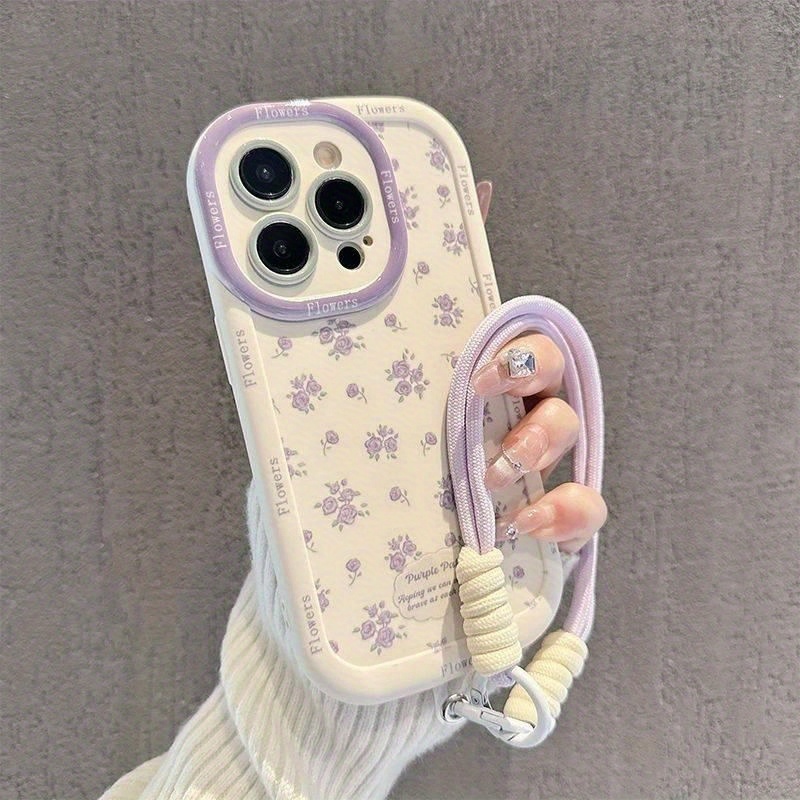 TEMU Phone Case - 1pc Purple Small Floral Pattern With Lanyard Full-coverage Anti-fall Phone Case Protective Cover Suitable For Iphone Including