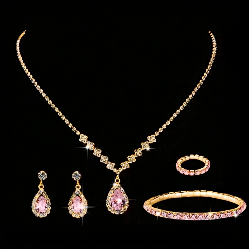 TEMU 5 Shimmering Rhinestone Human Jewelry Sets In Pink Y2k Sweet And Earrings, Rings, Bracelets, Necklaces, And Combination Jewelry Sets For Brides,