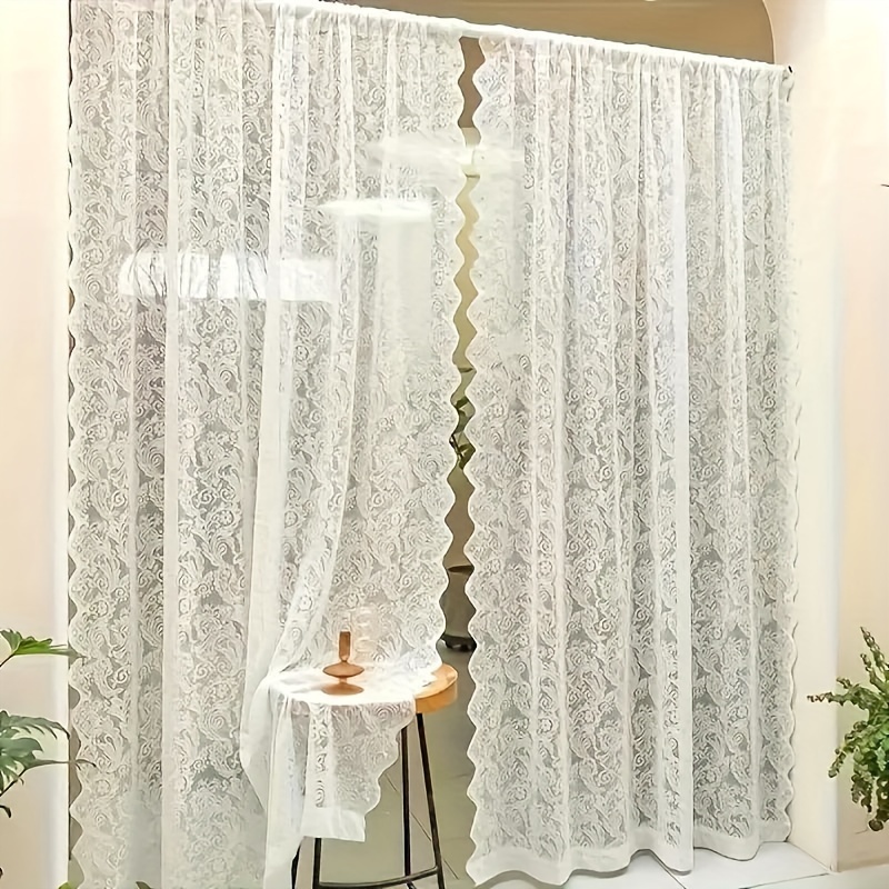 

1pc Elegant White Phoenix Tail Sheer Curtain - Rod Pocket Room, Kitchen, Bathroom | Machine Washable Floral Lace With Eyelet Detailing | Home Decor & Holidays