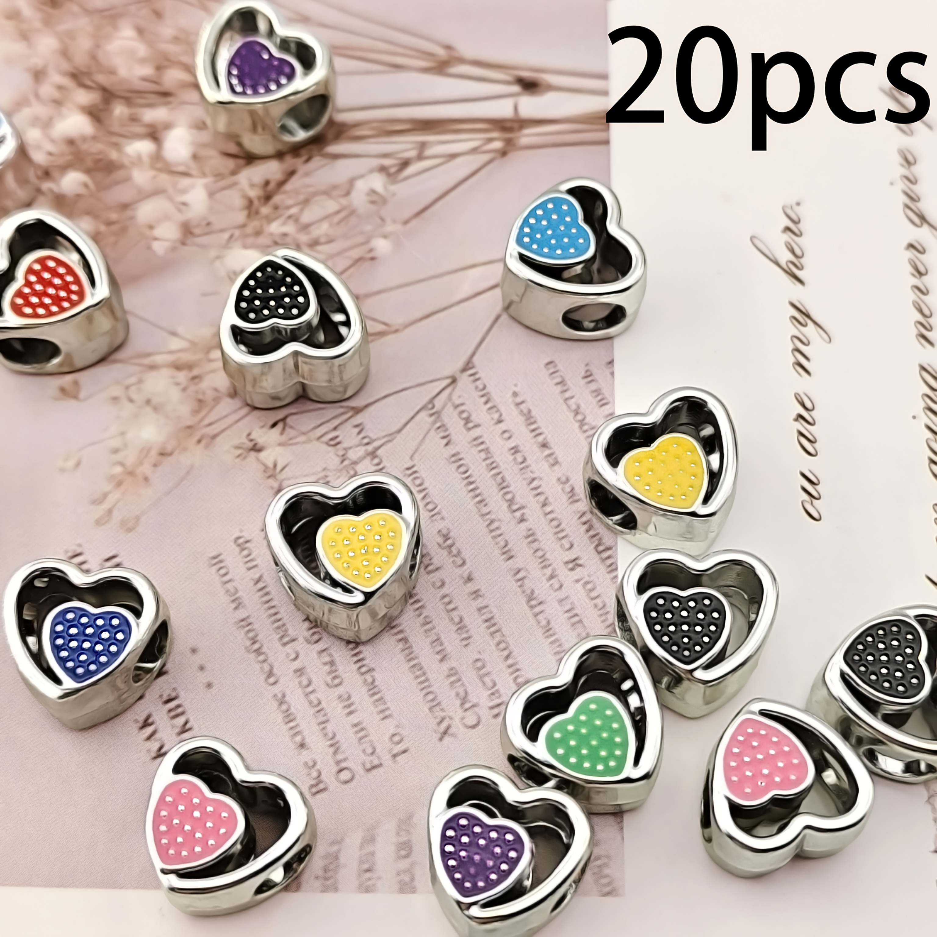 TEMU 20pcs 11mm Heart-shaped Hollow Ccp Material Beads, Horizontal Hole, Large Hole Beads, Making Supplies, Suitable For Keychains, Bracelets,