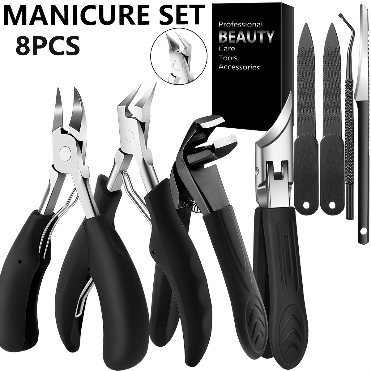 Image of 8-piece Heavy-duty Toenail Clipper Set - Stainless Steel, Wide Jaw, Curved, , Sharp , Long - For Thick Nails, Suitable For Elderly And Men, Essential Nail Trimming Tool - Halloween Gift