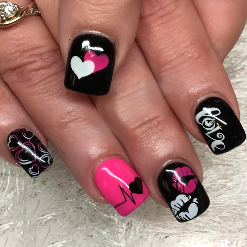 

24pcs Valentine's Day Press On Nails Set, Mixed , Square Shape, Short Length, , With Heart & Holiday , Design, Removable Fake Nails