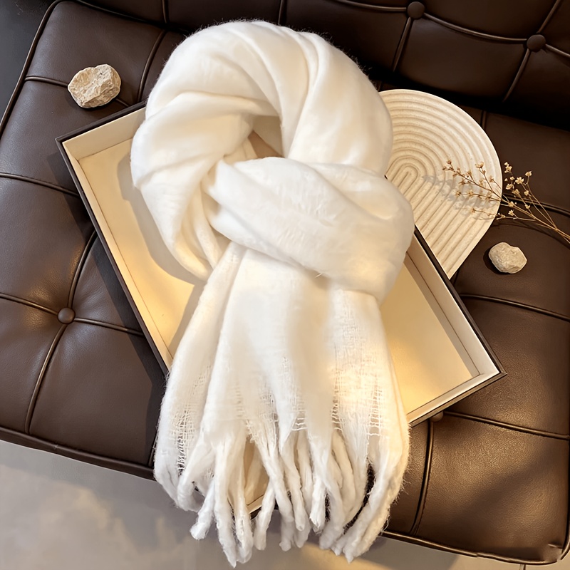 TEMU Solid Warm Fringed Scarf Women Winter Thick Plush Wrap Shawl