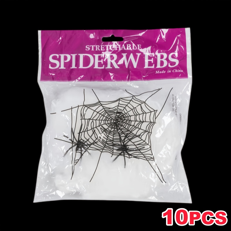Image of 10pcs Stretchable Webs, Halloween Decorations, Realistic Fake Webs, Each Web With 2 Mini , Suitable For Queues, Walls, Doors, Windows, And Indoor/outdoor Holiday Scene Decoration