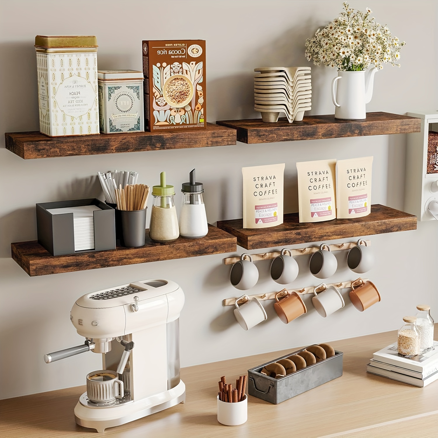 4pcs Vintage Wooden Floating Shelves Organizer, Rustic Wall Mounted Kit